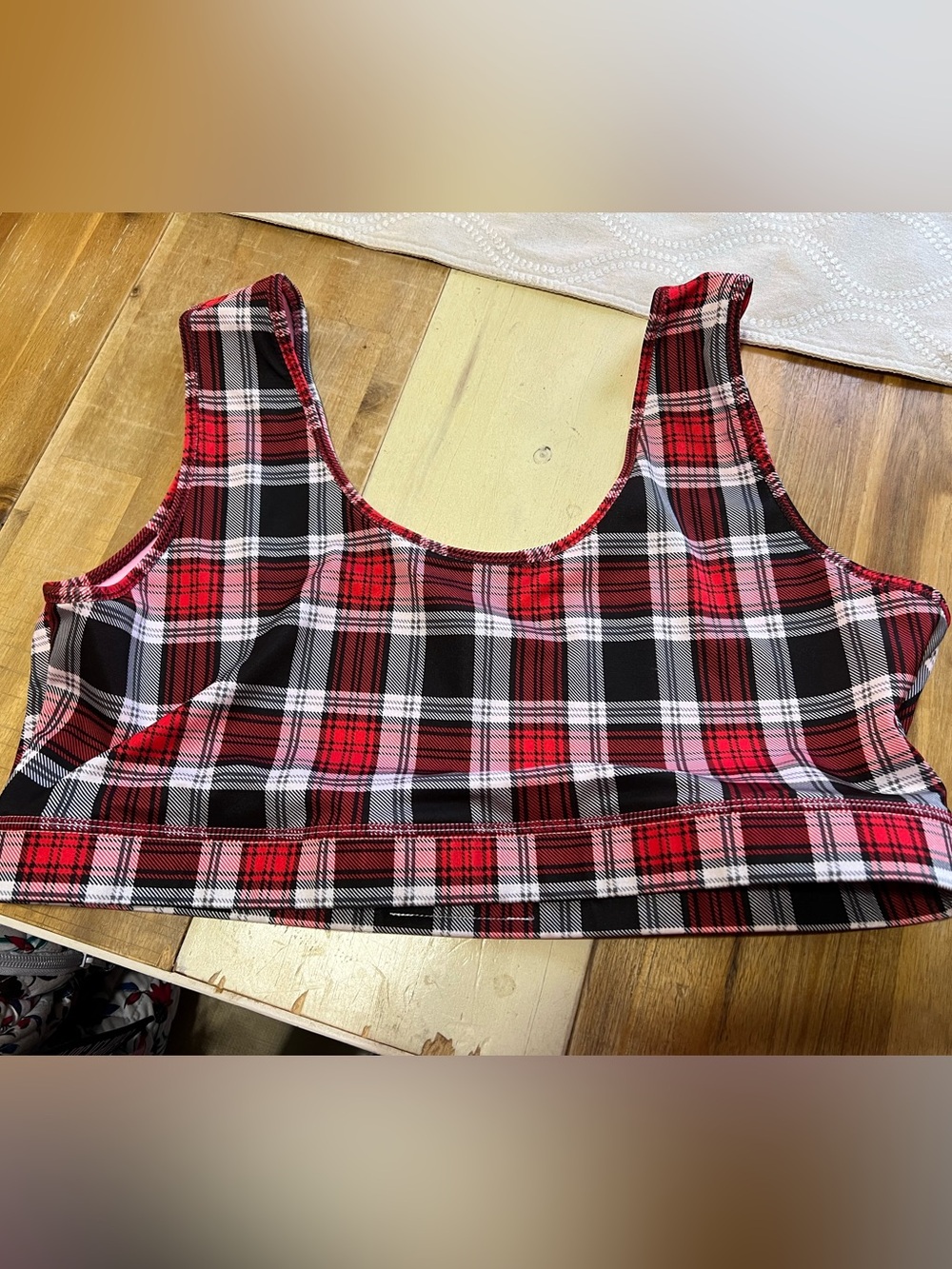 Brittany Allen - Plaid Scoop Neck Sports Bra - Red/Black